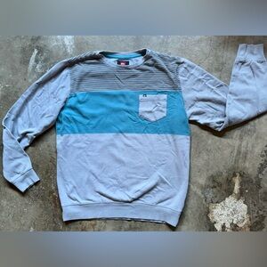 Quiksilver Men's Striped Gray and Teal Crewneck Sweater